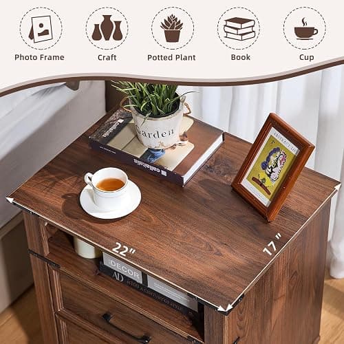 Senfarime 22" Nightstand, 2PCS Farmhouse Nightstand with 2 Drawers,Industrial Bedside Table with Open Shelf for Bedroom Living Room,Office Bed Side Tables Couch End Table,Brown thumbnail 6