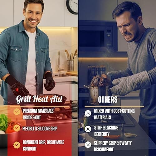 GRILL HEAT AID BBQ Grill Gloves 1472°F - Extreme Heat Resistant Oven Mitts for Grilling, Smoker & Fire Pit with Silicone Grip & EN407 Cut Resistance - Mid Cuff, Black thumbnail 4
