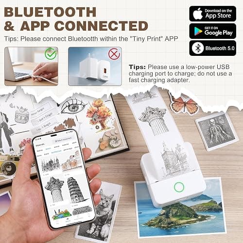 cudinham Print Pods Mini Printer, Sticker Printer with 10 Rolls Thermal Printing Paper, Inkless Pocket Printpod for Phone, Impresora Portátil for Notes, DIY, Compatible with iOS & Android (White) thumbnail 2