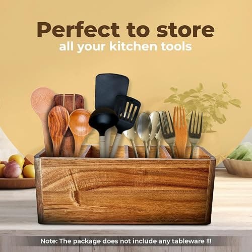 Dstuff Large Kitchen Utensil Holder Organizer for Counter or Countertop, Wooden Storage Container for Cooking and Silverware, Acacia Rustic Wood (4 Compartments) thumbnail 6