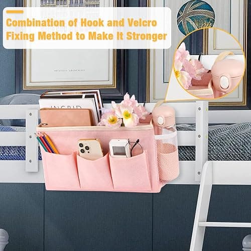 Lilithye Bedside Caddy Bedside Organizer Bedside Storage Caddy with Fixed Straps and Water Bottle Holder for Home College Dorm Bunk Bed Hospital Bed Crib Bed Rails (2pcs Pink) thumbnail 3
