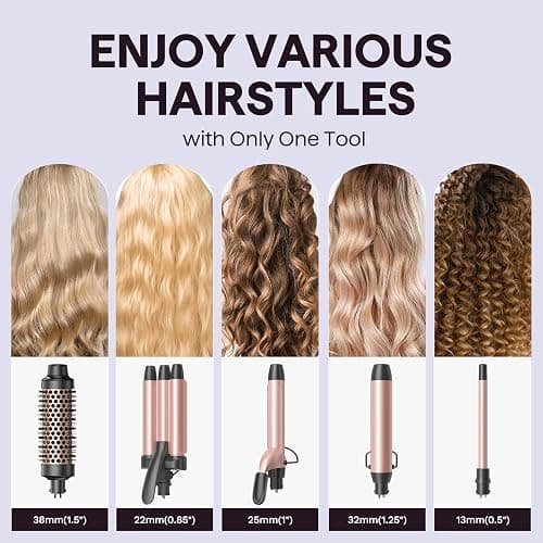Wavytalk 5 in 1 Curling Wand Set, Dual Voltage Curling Iron Set with 5 Interchangeable Barrels Included A Thermal Brush, A Hair Crimper and 3 Ceramic Curling Wands(0.5"-1.25"), Rose Pink thumbnail 2