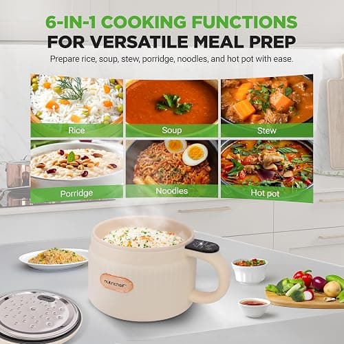 NutriChef 1.6 QT Portable Electric Rice Cooker & Lunch Maker | Multi-Functional & Non-Stick Ceramic Coating | Digital Control Panel | 6 Cook Functions: Rice, Soup, Stew, Porridge & More | White thumbnail 3