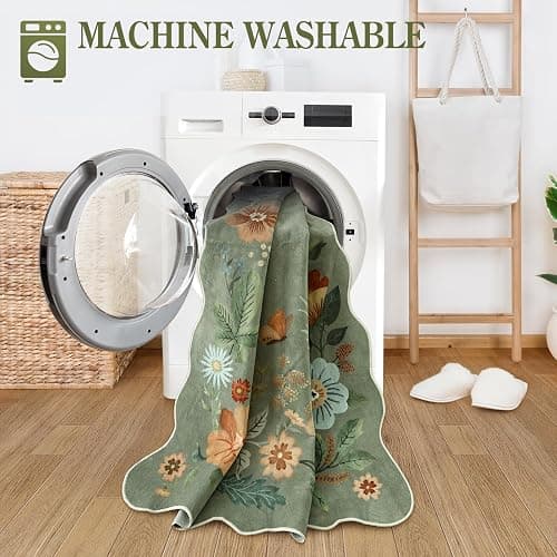 Lahome Floral Washable Rugs 8x10, Non-Slip Soft Green Rug Stain Resistant, Ultra-Thin 8x10 Rugs for Living Room Easy Clean Boho Accent Carpet for Dining Room Office(8x10ft,Green) thumbnail 4
