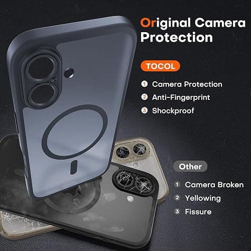 TOCOL Magnetic for iPhone 16 Case, Compatible with Magsafe, Upgraded Full Camera Protection, Drop Protection, Translucent Matte Back Bumper Phone Cover 6.1-Inch（Black） thumbnail 5