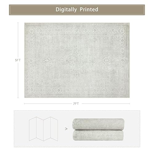 Srugn Washable Rugs 5x7 Area Rugs for Living Room,Bedroom,Large Carpets,Ultra Soft Faux Wool Retro Dining Room Rug,Non Slip&Non-Shedding Low Pile Vintage Rugs for Home Office,Concrete Grey thumbnail 2