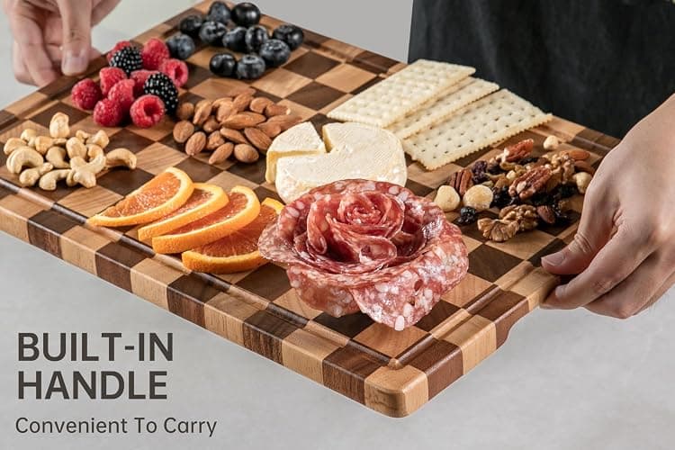 THETCHRY Cutting Boards for Kitchen, Design in USA Large Acacia Wood Chopping Board, Checkered Cutting Board with Juice Grooves & Handles, Butcher Block Serving Tray with Gift Box 16.5" x 11.6" x 0.8" thumbnail 5