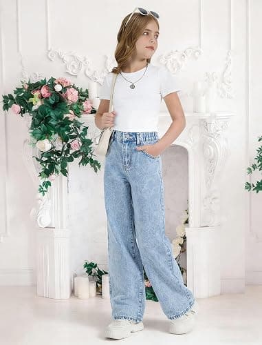Fulihug Girls Wide Leg Jeans Baggy Bow Embroidery High Elastic Waist Denim Pants Cute Y2K Trendy Tween Streetwear 8-16Y thumbnail 3