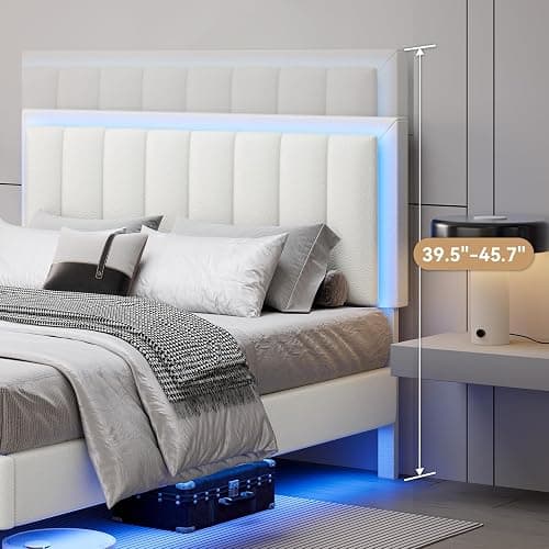 IMMERSTABLE Full Size Floating Bed Frame with LED Lights, Upholstered Platform Bed with Headboard, 11 in Storage Clearance, Solid Wood Slats, No Box Spring Needed, Easy Assembly, White thumbnail 7
