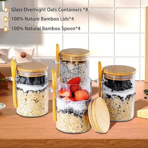 Overnight Oats Jar,4 Pack Meal Prep Containers With Lids, 16oz Oats Jar Glass, Overnight Oats Containers With Lids, Chia pudding jars with lids, Oatmeal Cups thumbnail 4