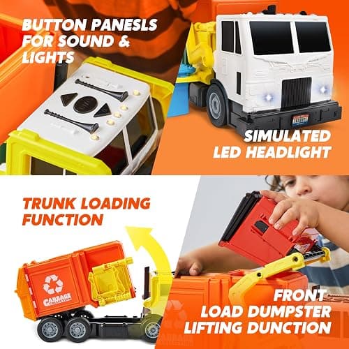 JOYIN Large Friction Powered Garbage Truck Toy Set, Includes Dumpster, Trash Bins, and Learning Cards for Kids, Orange thumbnail 5