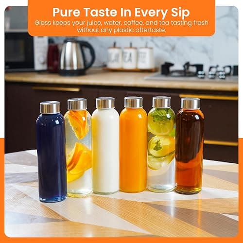 Epica Clear Glass Bottles with Lids, 18oz Resuable Glass Water Bottles for Juicing with Stainless Steel Cap to store Milk, Smoothie, etc., 100% Leak Proof, Durable and Dishwasher Safe (Set of 6) thumbnail 5