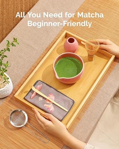 Maestri House Pink Matcha Whisk Set, 7-Pc Complete Matcha Kit with Spouted Ceramic Bowl, Bamboo Whisk and Holder, Scoop, Spoon Rest & Sifter, Tea Cloth – Ideal Gift for Matcha Lovers (Pink) thumbnail 7