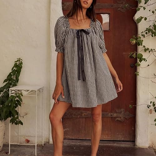 Women Plaid Half Sleeve Dress Loose Fit Cropped Mini A-Line Tunic Y2K Vintage Casual Swing Smocked Babydoll Dress thumbnail 4