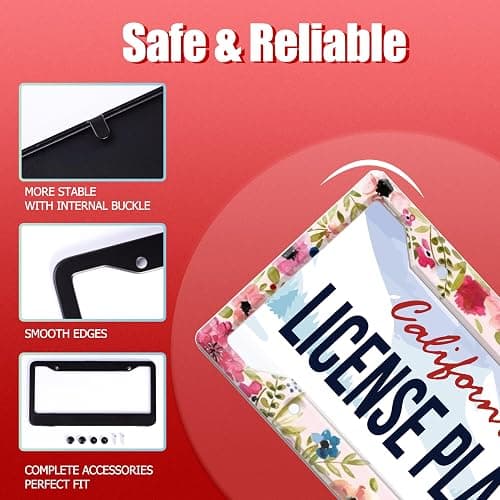 2Pcs Personalized License Plate Frame Stainless Steel Artistic Flower Pink License Plate Car Tag Holder with 4 Holes and Screws for Women Men Auto Decoration for USA Canada Vehicles Standard (12"x6") thumbnail 4