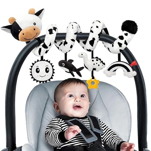 Spiral Car Seat Baby Toys 0-6 Months, Infant Carseat High Contrast Sensory Toys Hanging Stroller Accessories, Newborn Shower Gifts for Baby Boys Essentials Stuff, Cute Black and White Cow thumbnail 9