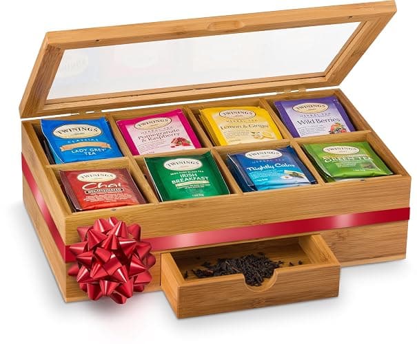 Tea Bag Organizer - Christmas Gift Bamboo Tea Box Organizer Storage Box, Tea Bag Holder with Drawer & Acrylic Window, Magnetic Lid Keeps Tea Bags Fresh - Tea Organizer Caddy (Tea Not Included) - Image 1