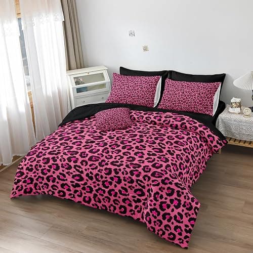 Leopard Print Comforter Queen Black and Pink Bedding Sets 8 Pcs Hot Pink Cheetah Animal Print Texture Wild Leopard Bed in A Bag with Comforter and Sheet Set thumbnail 4