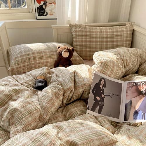 mixinni Queen Duvet Cover Set - 3 Piece Washed Cotton Vintage Geometric Plaid Bedding Set with Zipper Closure, Soft & Breathable Green Pink White Buffalo Check Pattern for All Seasons thumbnail 7