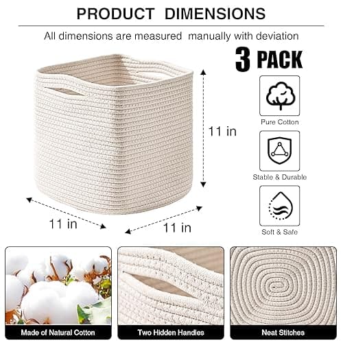 Dcerzxzci 11 Inch Cube Storage Bins, 11x11 Cube Storage Bins for Cube Organizer, Square Cloth Storage Cubes, Woven Storage Baskets for Shelves, Toy Rope Baskets Storage Kids, Off White (Pack of 3) - Off White - 11"×11"×11" thumbnail 2