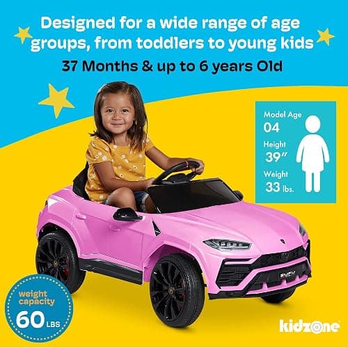 Kidzone Ride On Car 12V Lamborghini Urus Kids Electric Vehicle Toy w/Parent Remote Control, Horn, Radio, Port, AUX, Spring Suspension, Opening Door, LED Light - Pink thumbnail 5