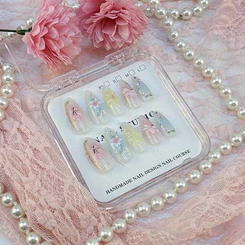 Mkwntg 24Pcs Gradient Press on Nails Medium Almond Fake Nails 3D Light Flower Blush Pearl Shimmer False Nails Pink Blue White Glue on Nails Reusable Acrylic Spring Floral Stick on Nail for Women thumbnail 6
