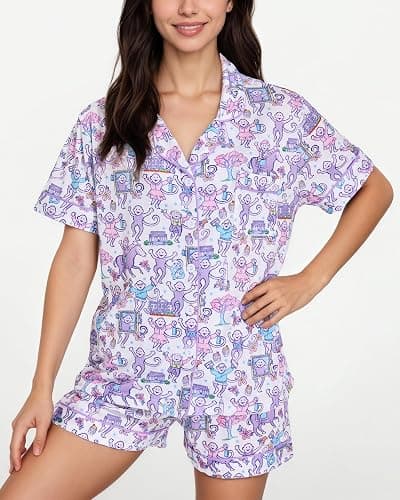 Zuafy Women’s Pajamas Set 2 Piece Pjs Monkey Cute Short Sleeve Notch Collar | Y2k Matching Set, Lightweight Soft, Button Down with Pocket, Sleepover Daily Lounge for Summer Beach Vacation Holiday Gift thumbnail 4