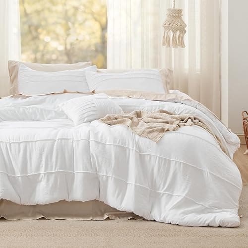 Bedsure Full Comforter Set - 4 Pieces Pinch Pleat Bed Set, White Boho Bedding for All Season, 1 Soft Comforter, 2 Pillowcases, 1 Decorative Pillow thumbnail 2