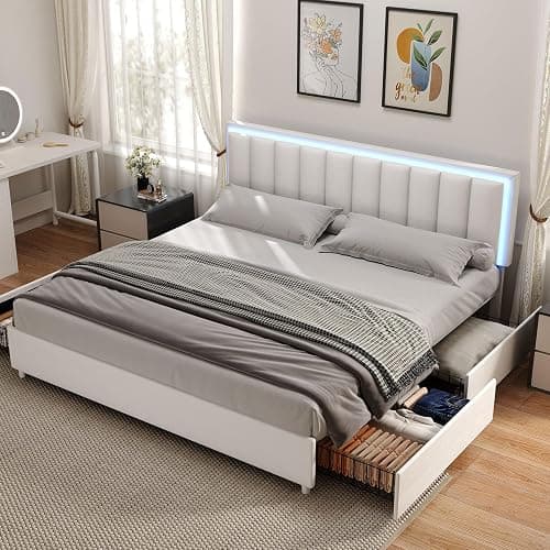 IMMERSTABLE Full Bed Frame with 4 Drawers, Full Size Bed Frame with LED Lights, Upholstered Bed Frame Full Size with Headboard, No Box Spring Needed, Noise-Free, Easy Assembly, White - White - Full thumbnail 8