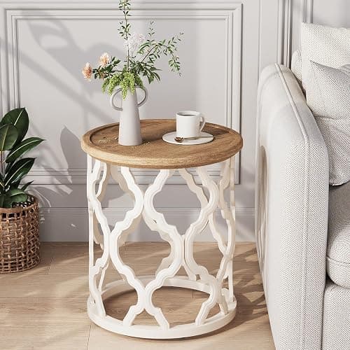 karlott Farmhouse End Table, 18.5'' French Country Round Side Table, Distressed Tray Top Side Table with Curved Motif Frame Base for Boho, End Tables Living Room, Bedroom, Small Space, Cream Beige - Image 1