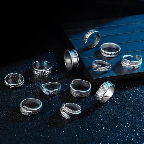 RIOSO 12Pcs Vintage Rings for Men Cool Adjustable Angel Wings Ring Goth Punk Open Ring Set thumbnail 4