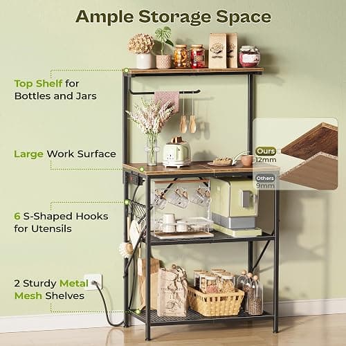 Huuger 4-Tier Bakers Rack with Reversible Power Outlet, 23.6 Inch Microwave Stand, Kitchen Coffee Bar, with Top Shelf, 6 S Hooks, Rustic Brown thumbnail 6