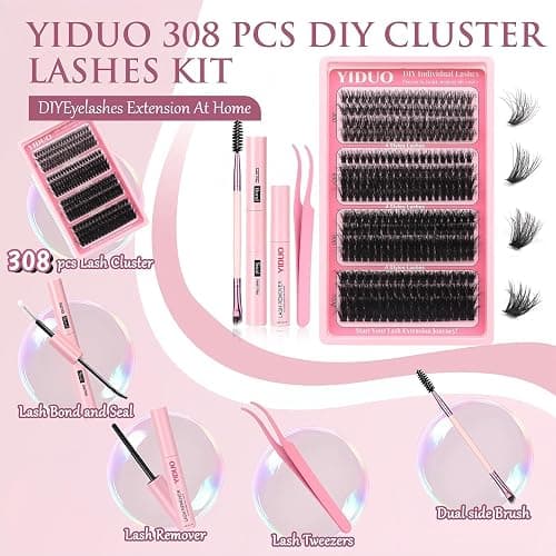 YIDUO Clusters Lashes Kit False Eyelashes Extensions 40D+60D+80D+100D Volume D Curl Wispy Individuals Fake Eyelash, 308Pcs All-in-1 Pack with Glue |Tweezers |Removers |Eyelash & Eyebrow Brush thumbnail 2