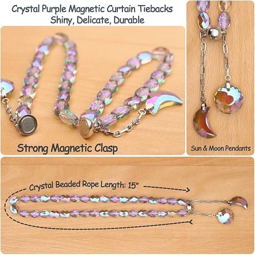PEDOBO Magnetic Curtain Tiebacks, 2 Pack Crystal Beaded Sun & Moon Pendants Sheers/Draperies Holdbacks for Window Home Office Decor (Purple) thumbnail 3