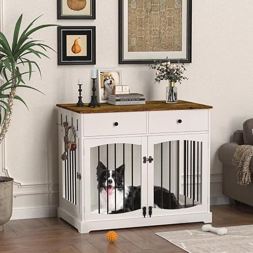 BREEZEHEAT 40 inch Dog Crate Furniture-Farmhouse Dog Kennel with Drawers-End Table Wooden Pet Crate, Double Door Design, Decorative Dog House Indoor for Small Medium Large Dog, White thumbnail 2