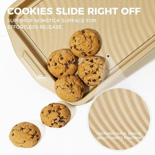HONGBAKE 9-Piece Nonstick Bakeware Set, Wave Texture for Easy Release, 0.8mm Thick Non-Toxic Baking Pans Set, Includes Stackable Cookie Sheets, Antique Gold thumbnail 2