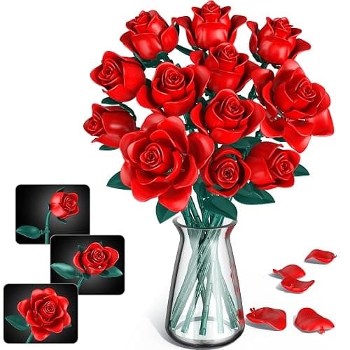 Kit de Construction Bouquet de Fleurs, 634 Pcs 12 Roses Rouges Décoratives pour Bureau ou Maison, Cadeaux pour Noël Enfants, Saint-Valentin pour Homme ou Femme, Adultes, Fête des Mères - Image 1