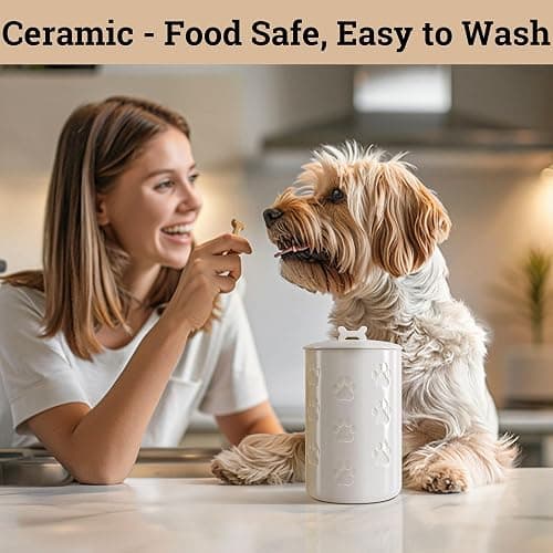 Dog Treat Container Airtight - 5 Inch Wide x 9 Inch Tall Ceramic Dog Treat Jar for Kitchen Counter with Airtight Lid - 7 Cup Capacity Pet Treat Container - Cute Doggie Cookie Jar - Big Treats Canister thumbnail 6