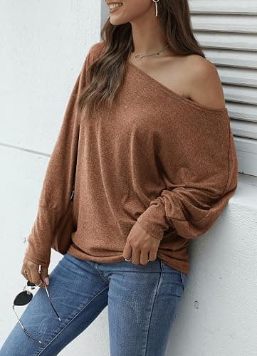 Aifer Women's Off The Shoulder Tops Sexy Long Sleeve Shirts Oversized Fashion Casual Batwing Sweaters Pullover Tunic Tops thumbnail 4