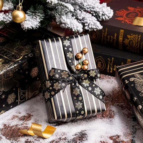 WRAPAHOLIC Reversible Black and Gold Christmas Wrapping Paper - Mini Roll - 17 Inch x 33 Feet - Black Gold Sleigh and Stripe Wrapping Paper with Metallic Foil Shine for Christmas, Holiday, Party thumbnail 7
