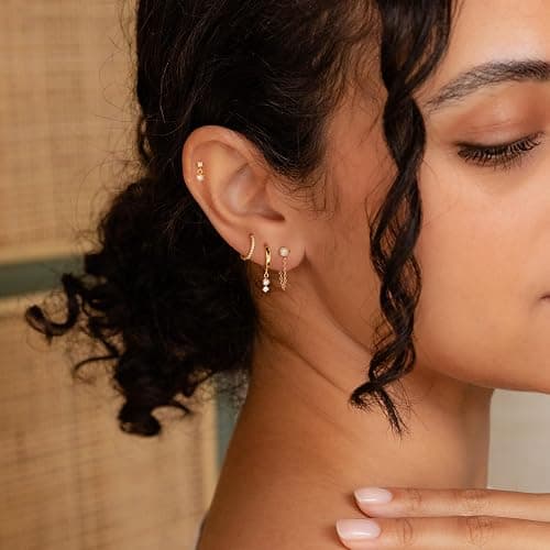 Gold Earrings for Women, 14k Gold Plated Dangle Huggie Earrings for Women Trendy Dainty Gold Hoop Earring Stacks Hypoallergenic Pearl Chain Drop Cartilage Earring Fashion Womens Jewelry thumbnail 7