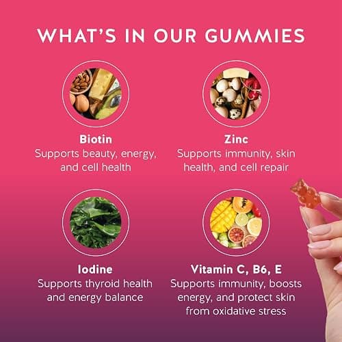 Biotin Gummies for Hair, Skin & Nails. 5,000 mcg High Potency Vegan Vitamins for Faster Hair Growth, Stronger Nails & Healthy Skin. with Vitamins C & E, 30 Gummies thumbnail 3