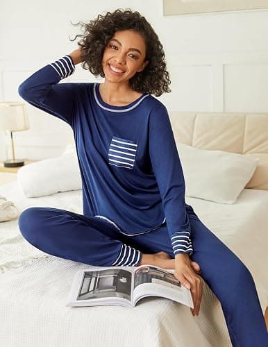 Ekouaer 2 Pack Womens Pajama Sets Long Sleeve Lounge Sets Soft Pj Sleepwear Loungewear thumbnail 5