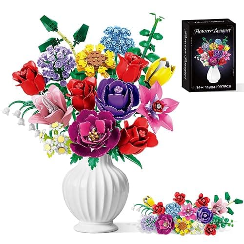 Loyratche Flower Bouquet Building Set, Compatible with Lego for Adults, 16 Rose Building Block, Artificial Flowers Botanical Collection Kit Home Decor, Gift for Her (907 PCS) - Image 1