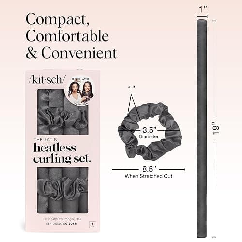 Kitsch Satin Heatless Hair Curler Set - Heatless Curls Overnight, Hair Rollers for Soft Curls & Frizz-Free Styling, No Heat Curlers To Sleep in, Curling Rod, Includes 2 Scrunchies - Charcoal thumbnail 5
