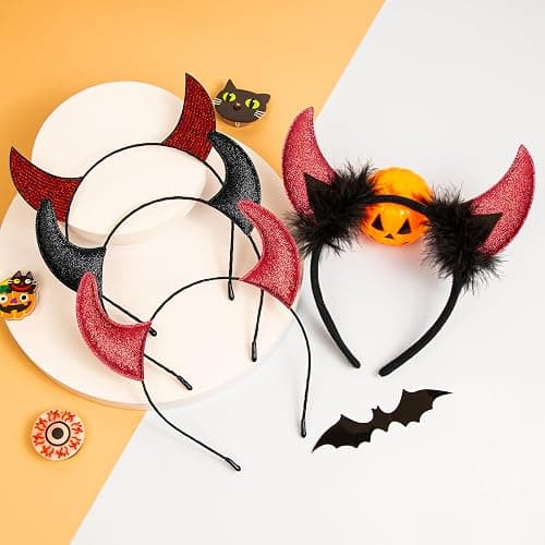 Parma77 Glitter Devil Horns Headband, Red Devil Horns Devil Costume for Women Men Girls, Halloween Fancy Dress Cosplay Hairband (Red) thumbnail 3