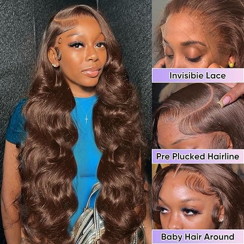 SFTNMEH 30 Inch Chocolae Brown Lace Front Wig 200 Density 13X6 HD Boay Wave Lace Front Wigs Human Hair Pre Plucked Colored Frontal Glueless Brown Human Hair Wig for Women thumbnail 2