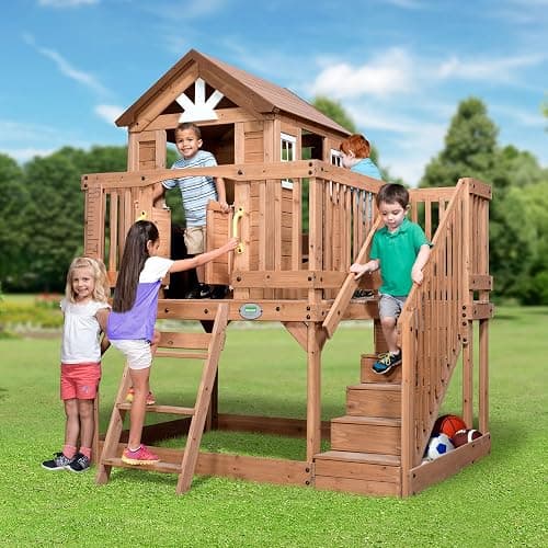Backyard Discovery Scenic Heights Elevated Cedar Wooden Kids Playhouse with Play Kitchen, Wrap-Around Deck, Toy Storage Bench, Saloon-Style Doors, Ladder, Stairs, and Growth Chart for Outdoor Play thumbnail 2