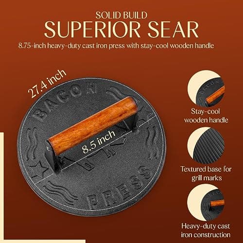 Heavy-Duty Cast Iron Burger Press 8.5 Inch Round Burger Smasher, Grill Press for Cooking Burgers, Bacon, Sandwiches, Steak, Ground Beef, Meats, Sausages, and So On thumbnail 5