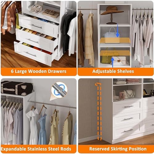 Secilix 8FT Modular Closet System with 6 Drawers, Walk-in Closet Organizer System with 8 Expandable Hanging Rods & Adjustable Shelving Towers, Heavy Duty Wood Closet Storage for Bedroom, White(4 sets) thumbnail 5